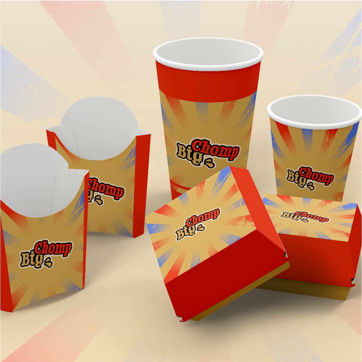 Mockup de embalagens utilizadas em fast food na identidade visual da marca contendo duas embalagens de batata, duas de copos e duas de hamburguer