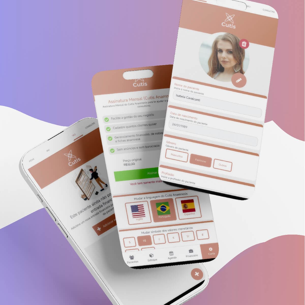 Mockup dos layouts de aplicativos na identidade visual da marca Cutis Anamnese